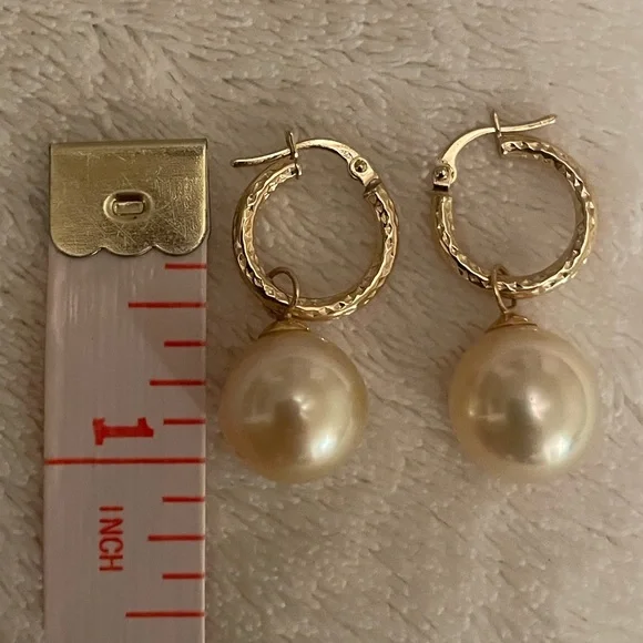 18K Gold Huggie Earrings with Champagne South Sea Pearl Drops 12mm - Picture 10 of 16